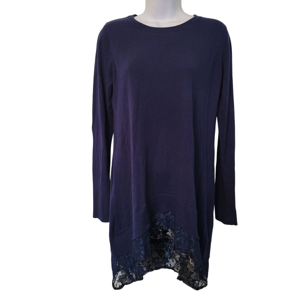 LOGO Lori Goldstein S Blue Long Sleeve Tunic Sweater Top Lace Hem Cashmere Blend